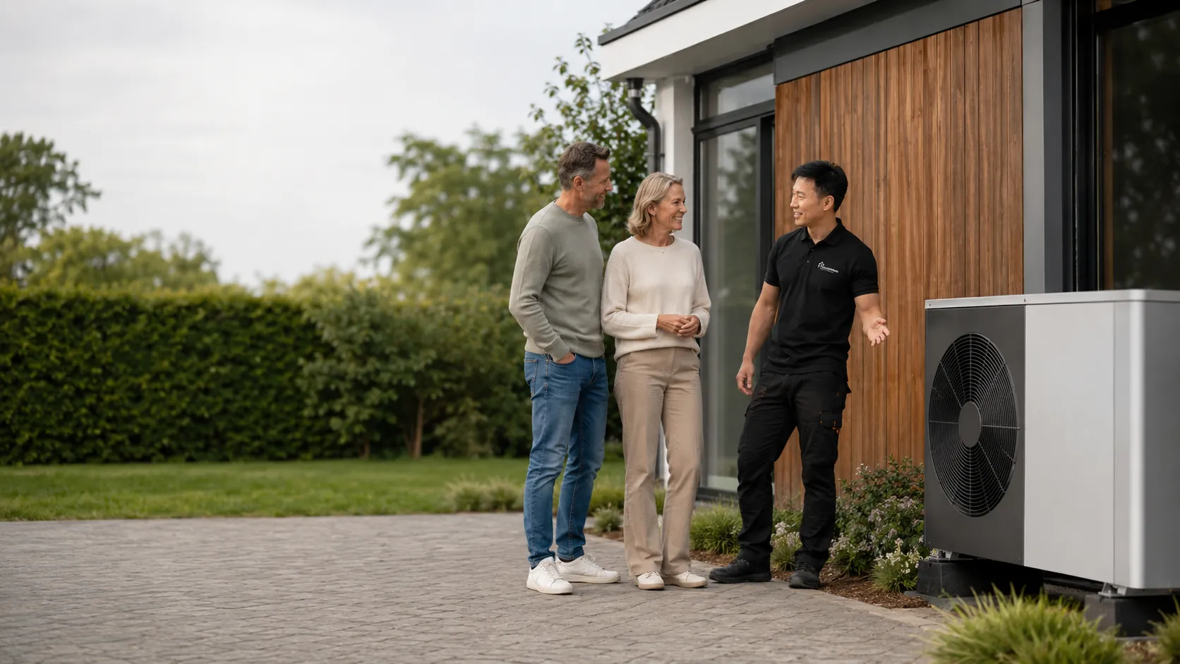 Warmtepomp buitenunit naast een Nederlandse woning